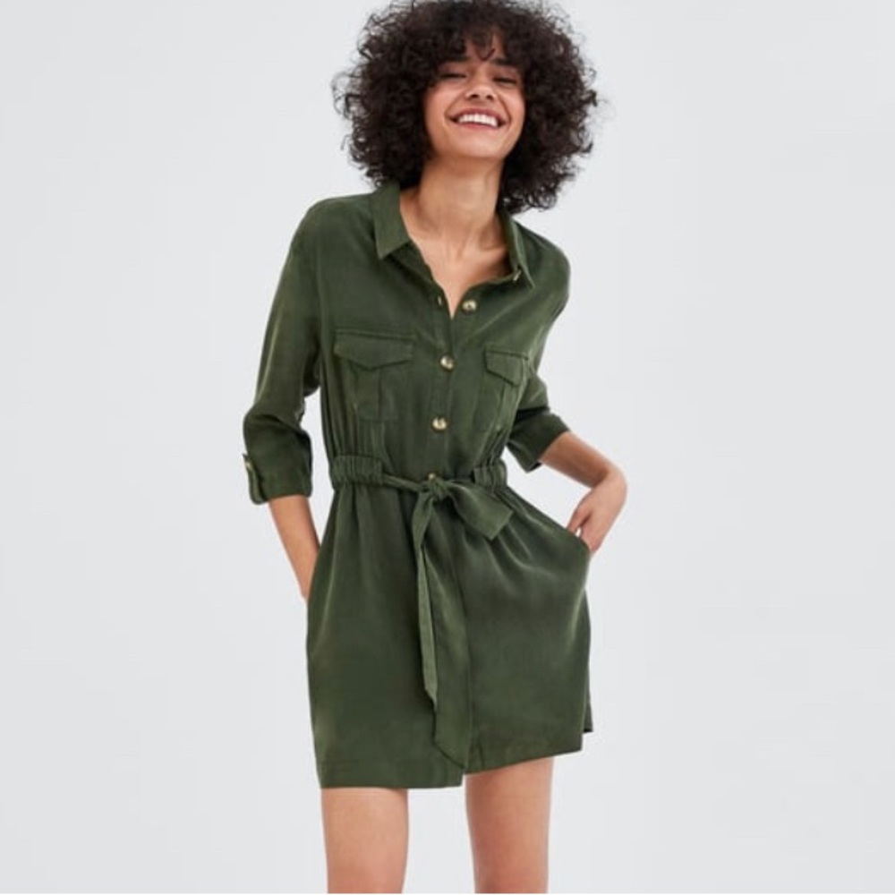 Zara Green Belted Shirt Dress - Size XS
